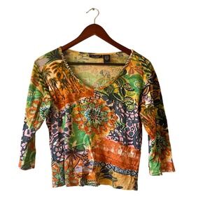Vintage 90s y2k  Womens Graphic Print V Neck 3/4 Sleeve Top‎ Size S Boho Artsy
